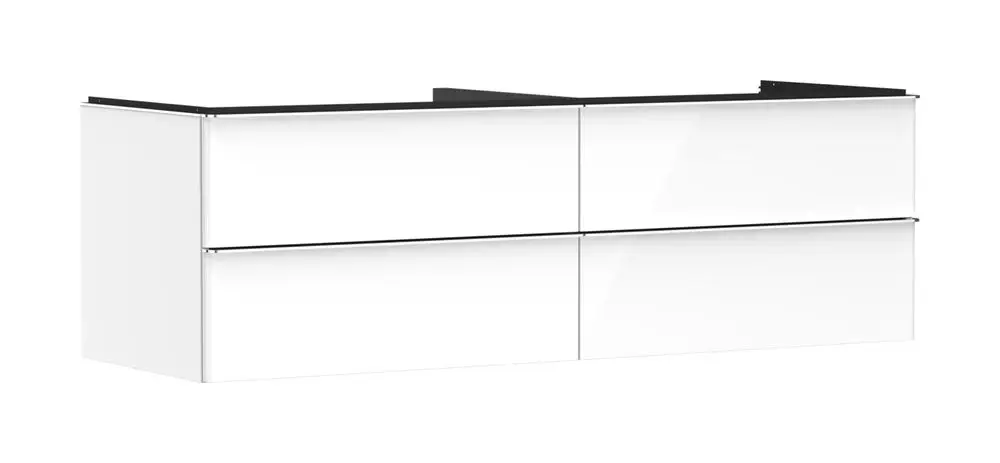 Weißer Waschtischunterschrank mit vier Schubkästen. Glatte Fronten und schwarze Oberplatte. Hansgrohe-Design für moderne Badezimmerlösungen.